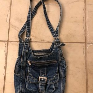 Vintage Distressed Denim Handbag Double Shoulder Strap Multi Zips